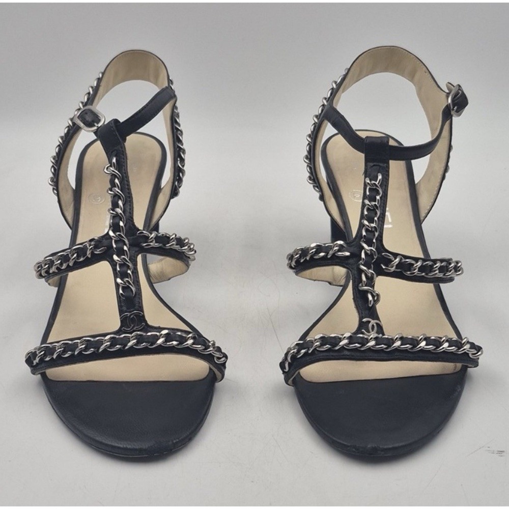CHANEL Black Chain T-Strap Sandal Heels 39.5 8.5 Silver CC Block - Picture 2 of 12